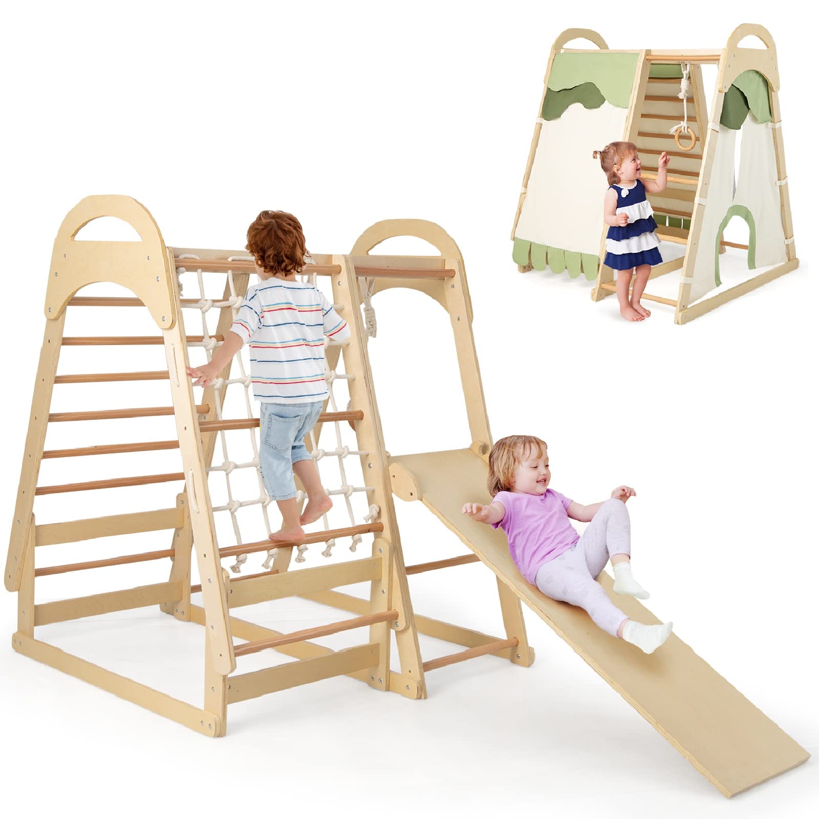 NFANS 7 in 1 Wooden Montessori Climber Playset with Tent Slide Climbing Rock Climbing Net