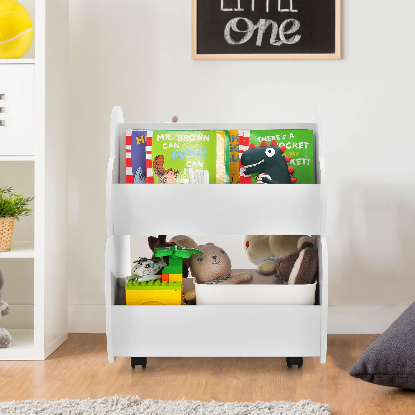 INFANS Kids Bookshelf with Wheels, Wooden Bookcase Toy Storage Cabinet Organizer Holder