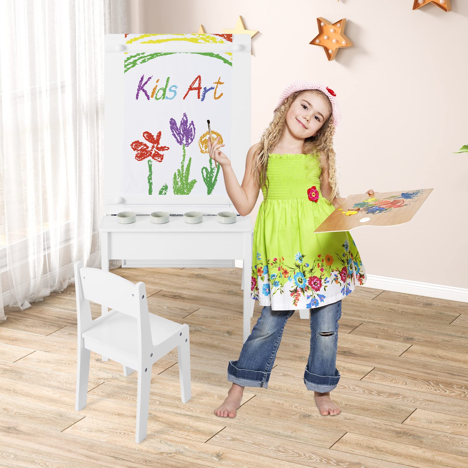 INFANS 3 in 1 Kids Art Table and Chair Set, Toddler Craft Play Wood Activity Desk with 2 Chairs Storage Canvas Bins