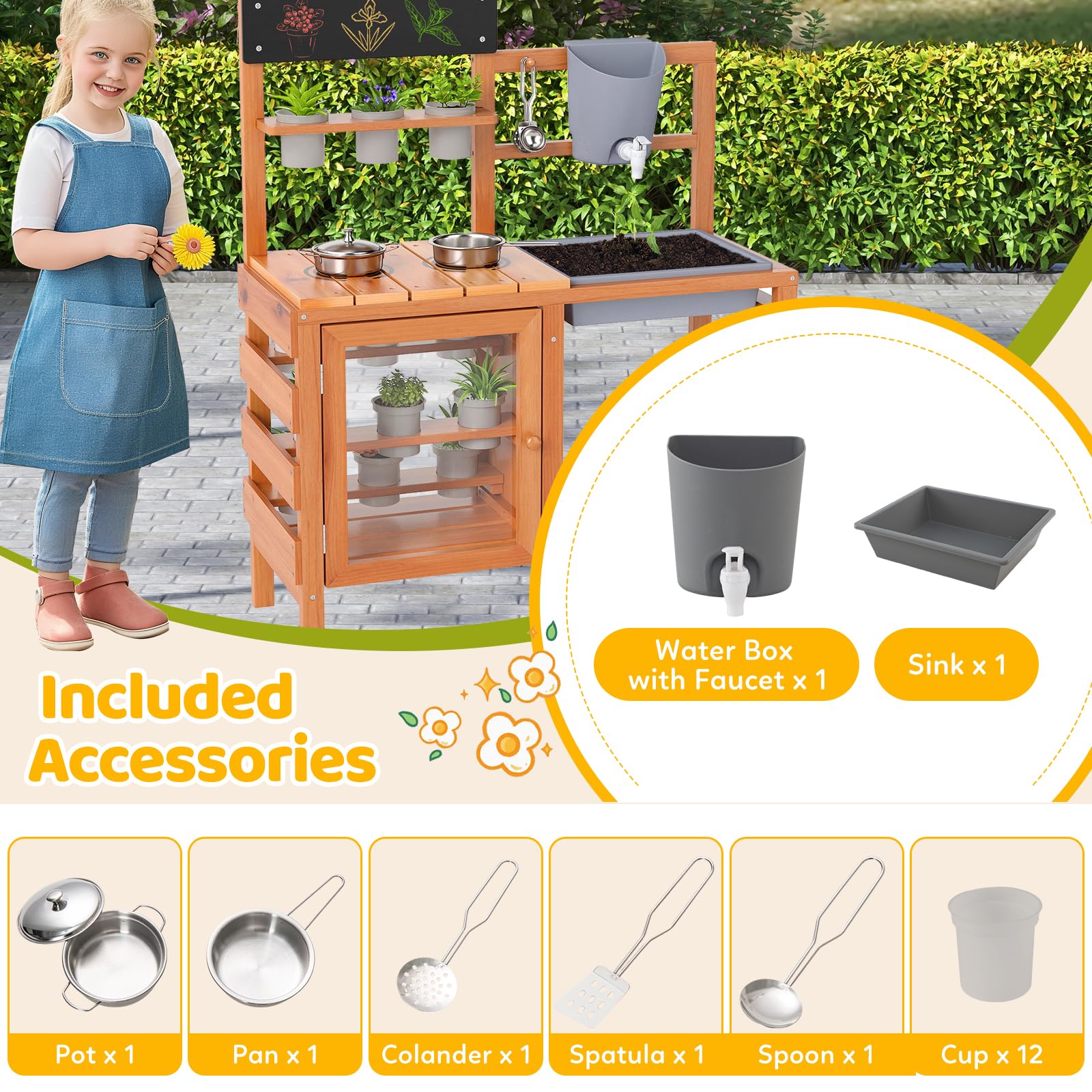 INFANS Mud Kitchen for Kids Outdoor, Wooden Toddler Play Kitchen with Cooking Accessories, Toy Playset for Backyard Garden