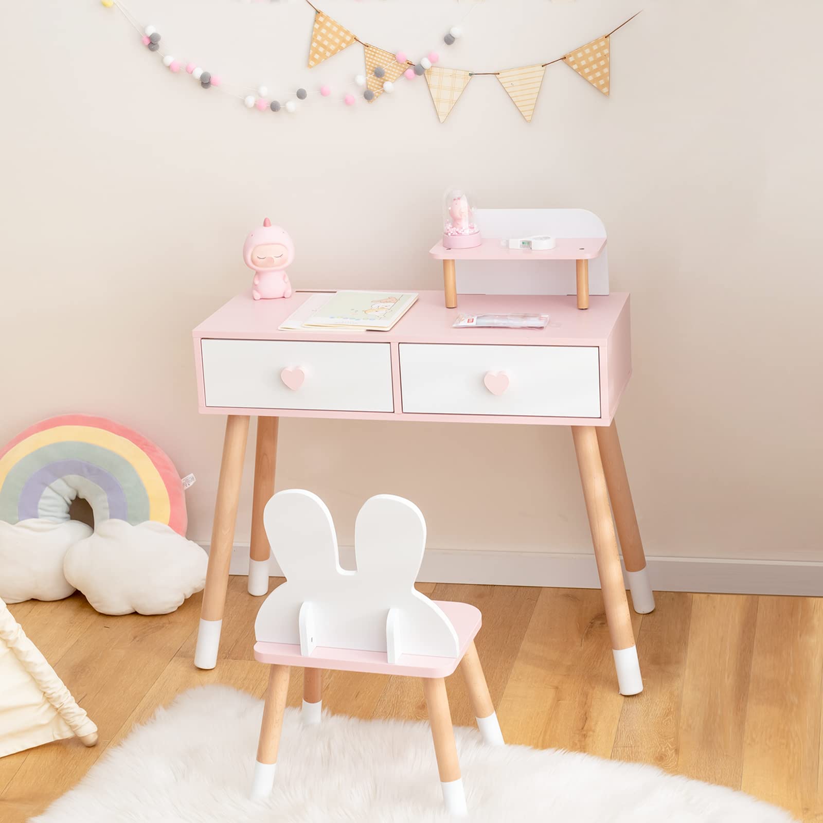 INFANS Kids Vanity Set, 2 in 1 Wooden Princess Makeup Table and Chair with Mirror INFANS