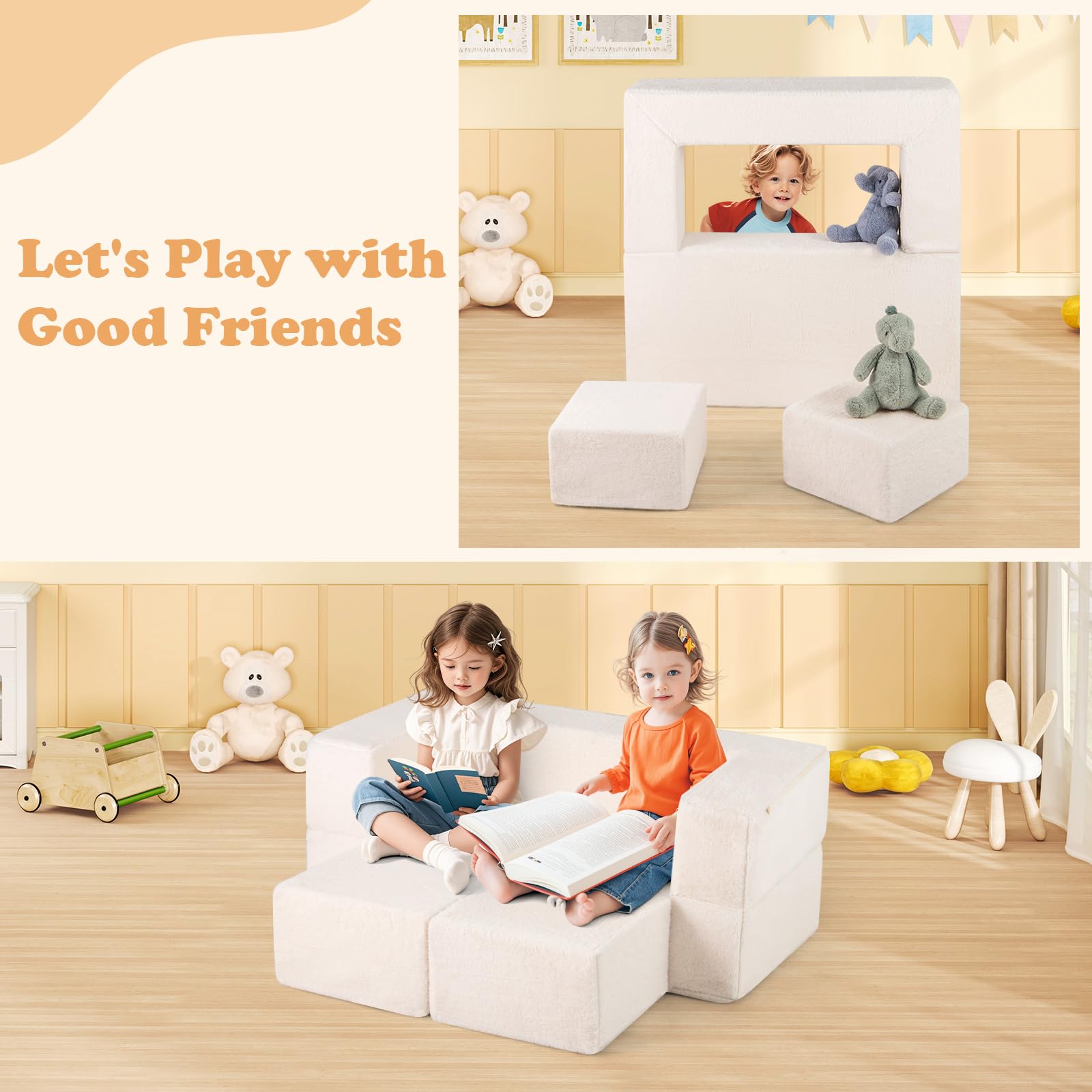 INFANS Modular Kids Play Couch, Toddler Sectional Fort Building Sofa for Playroom, Bedroom, Convertible Soft Foam Furniture