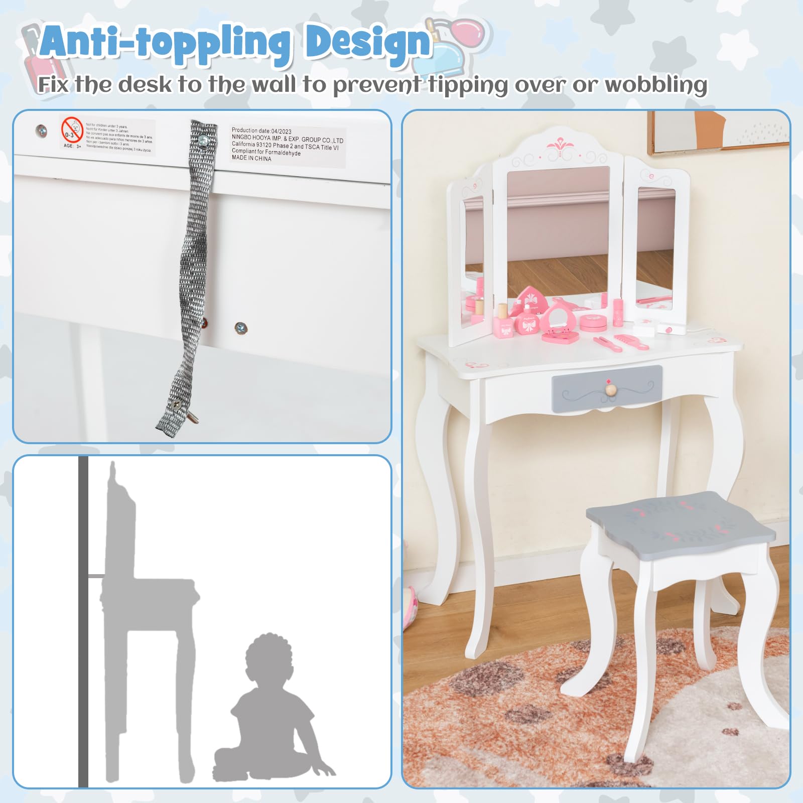 INFANS Kids Vanity, 2 in 1 Princess Makeup Desk Set, Wooden Dressing Table, Pretend Play Vanity Set