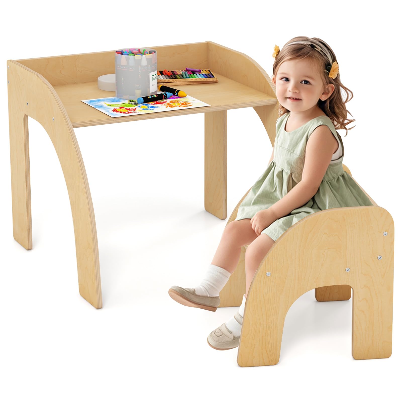 INFANS Kids Table and Chair Set, Wooden Activity Table for Toddlers Arts Crafts Drawing Reading Playing Building Block Drawing