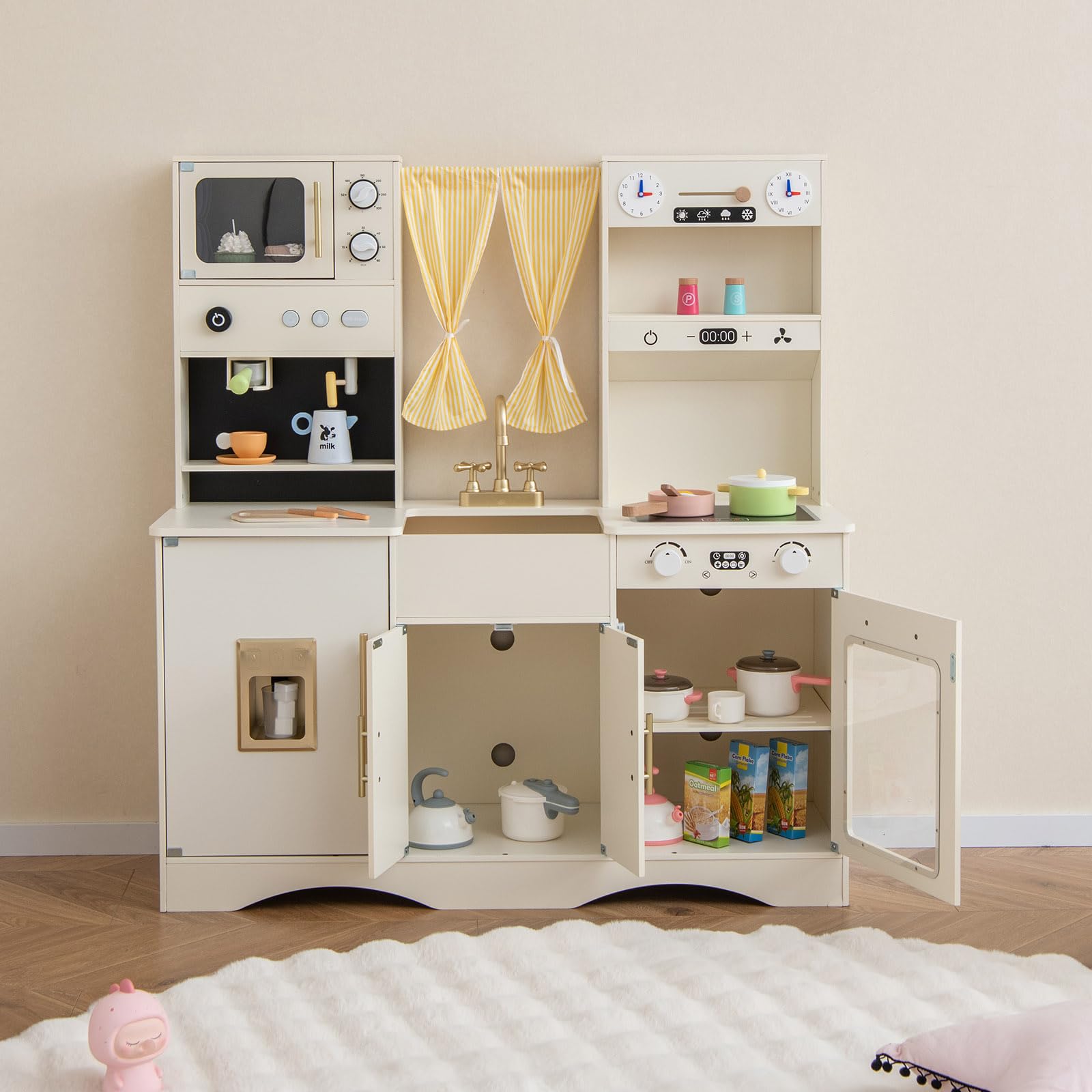 INFANS Kids Kitchen Playset Cooking Toy Kitchen Set with Coffee Machine Stove Removable Sink Microwave Storage Cabinet