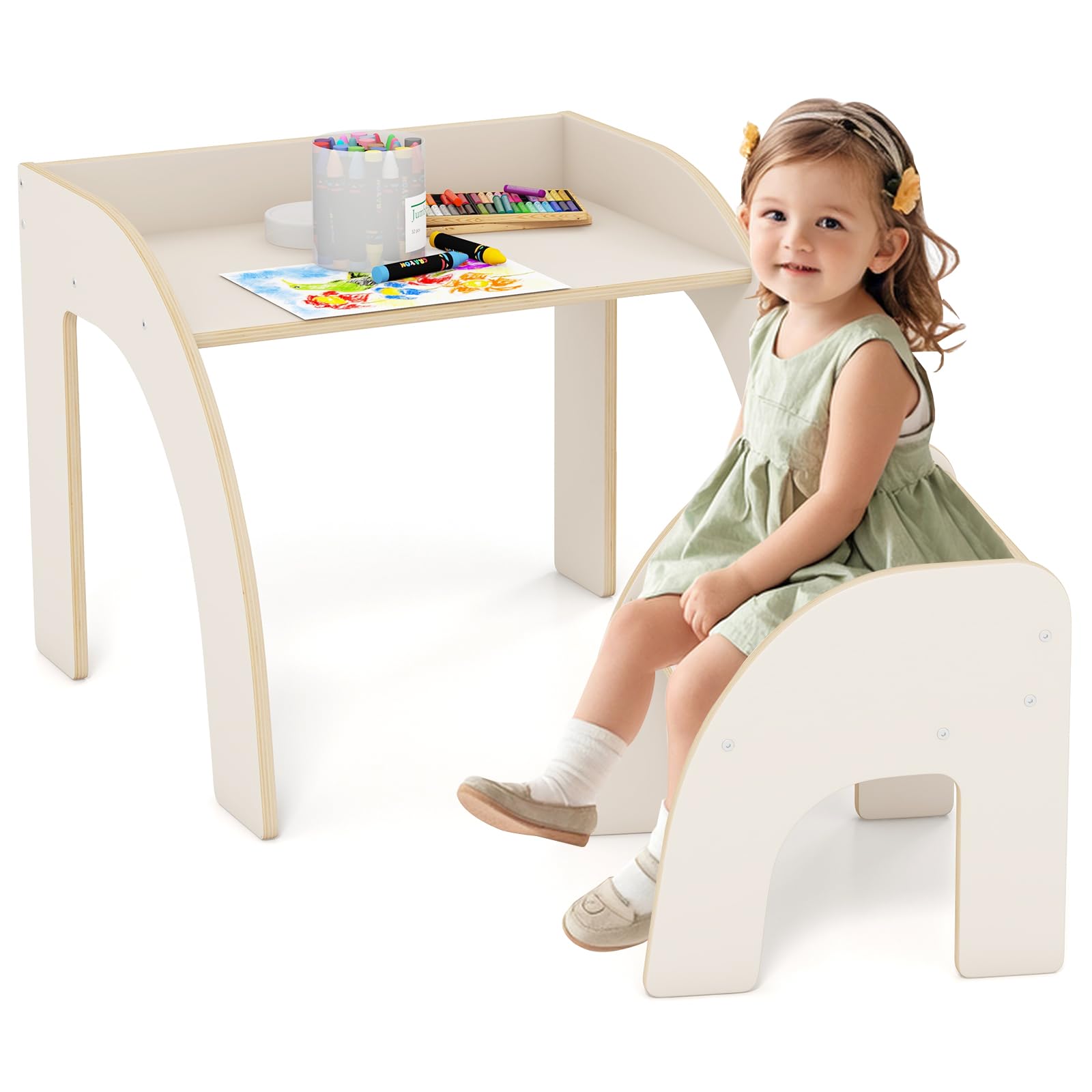 INFANS Kids Table and Chair Set, Wooden Activity Table for Toddlers Arts Crafts Drawing Reading Playing Building Block Drawing