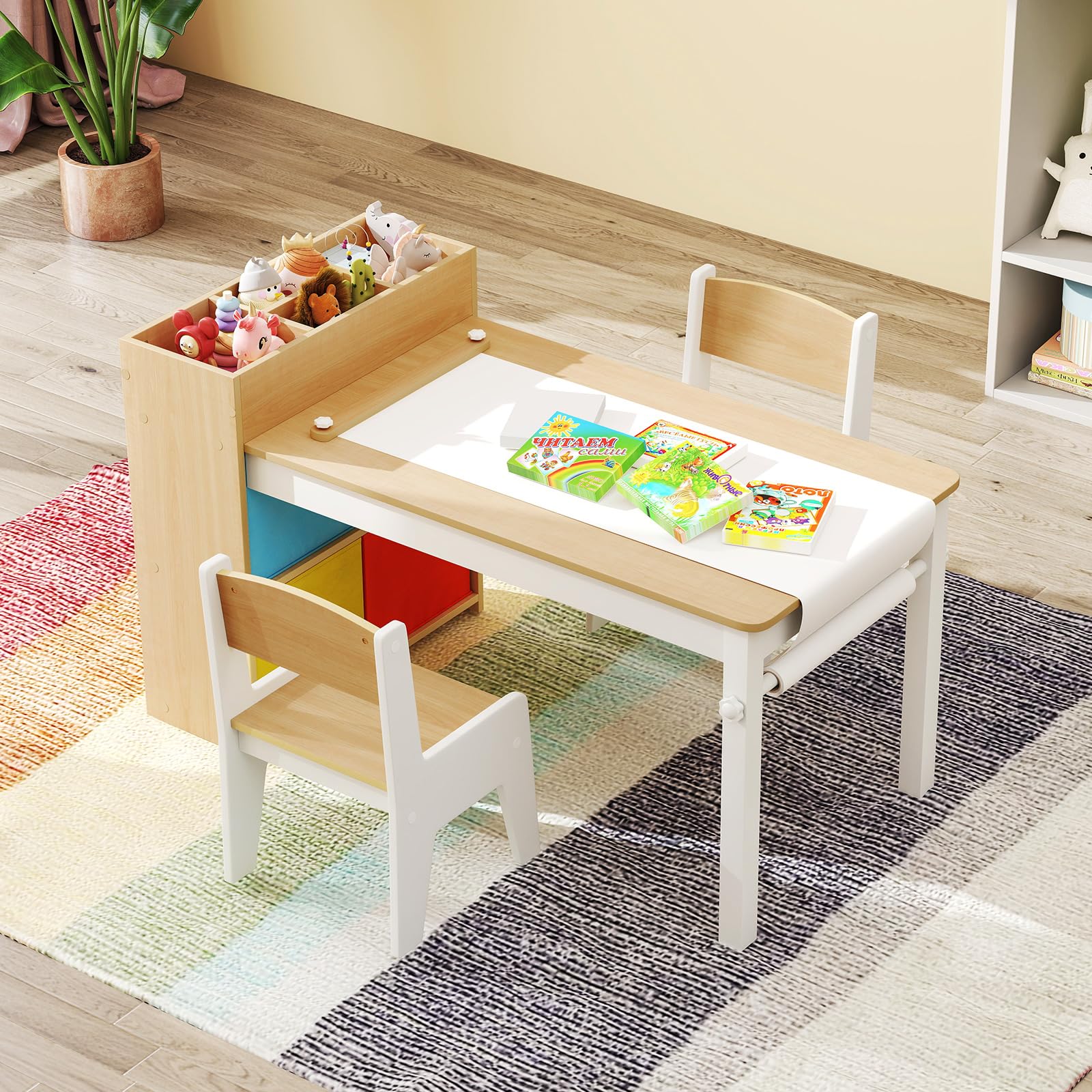 INFANS Kids Table and Chair Set, Toddler Art Craft Play Wood Activity Desk with 2 Chairs 4 Storage Canvas Bins Paper Roll