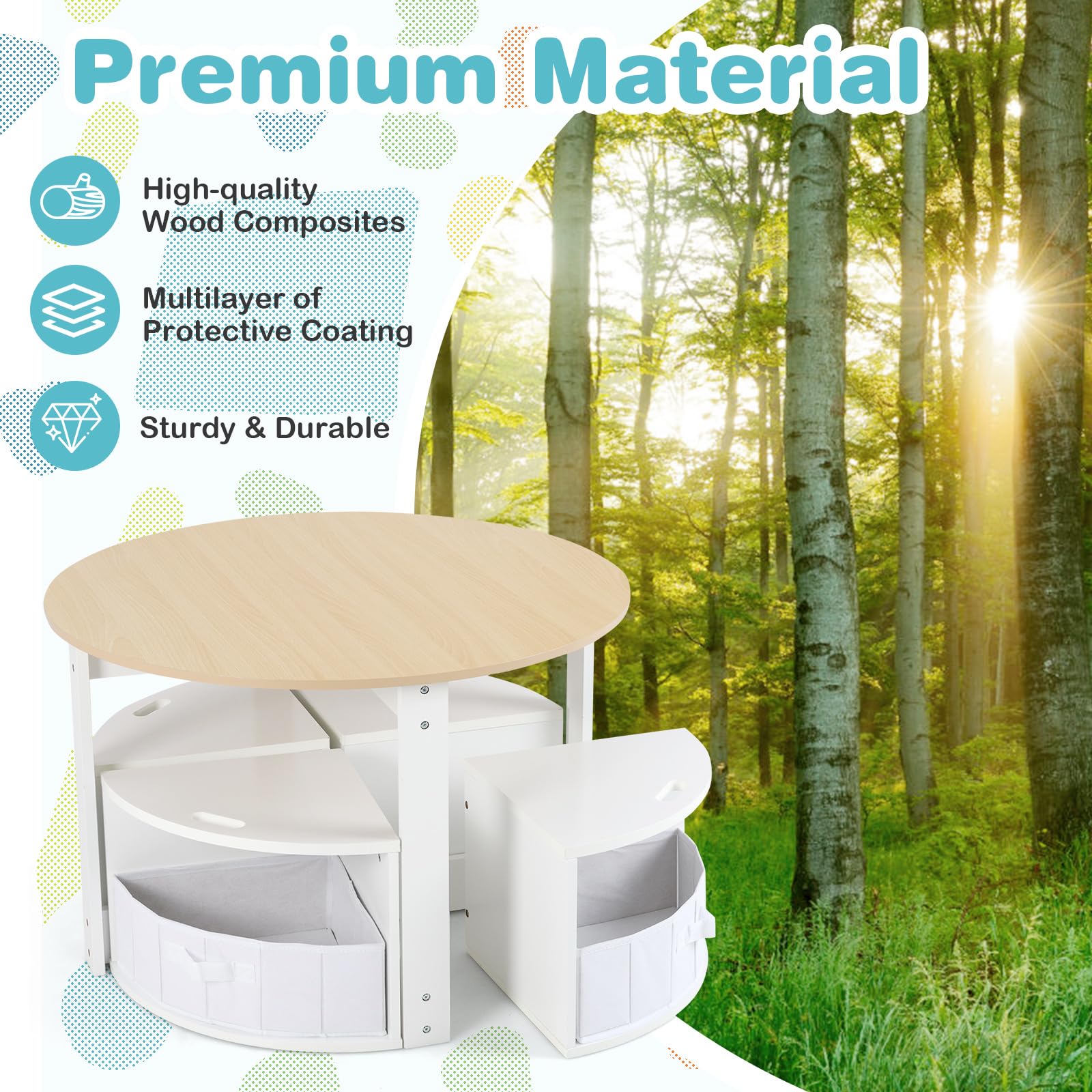 INFANS Toddler Table and Chair Set, Wooden Table and 4 Chairs with Nesting Design, Children Multi-Activity Table
