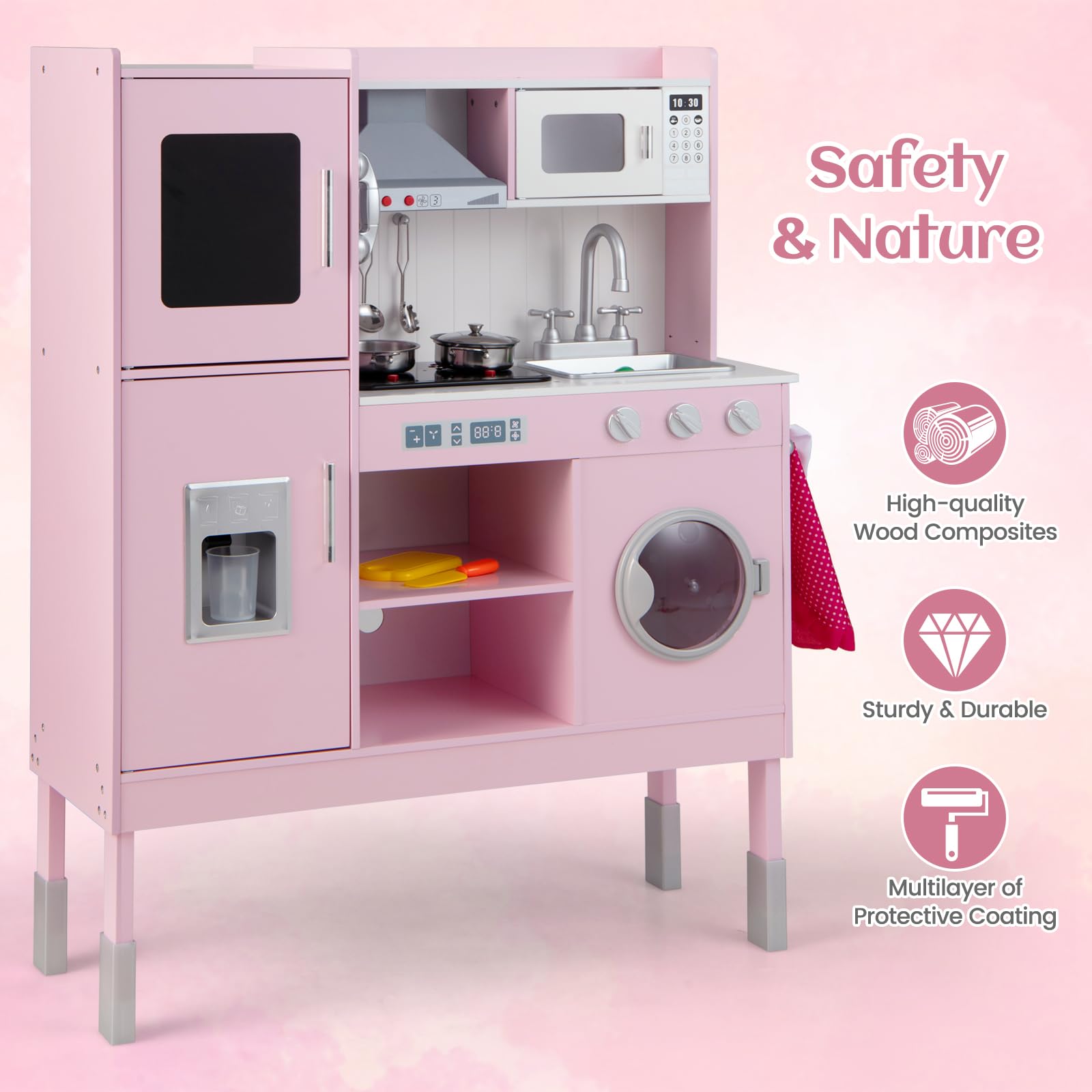 INFANS Kids Kitchen Playset, Toddler Wooden Pretend Cooking Set with Realistic Light Sound