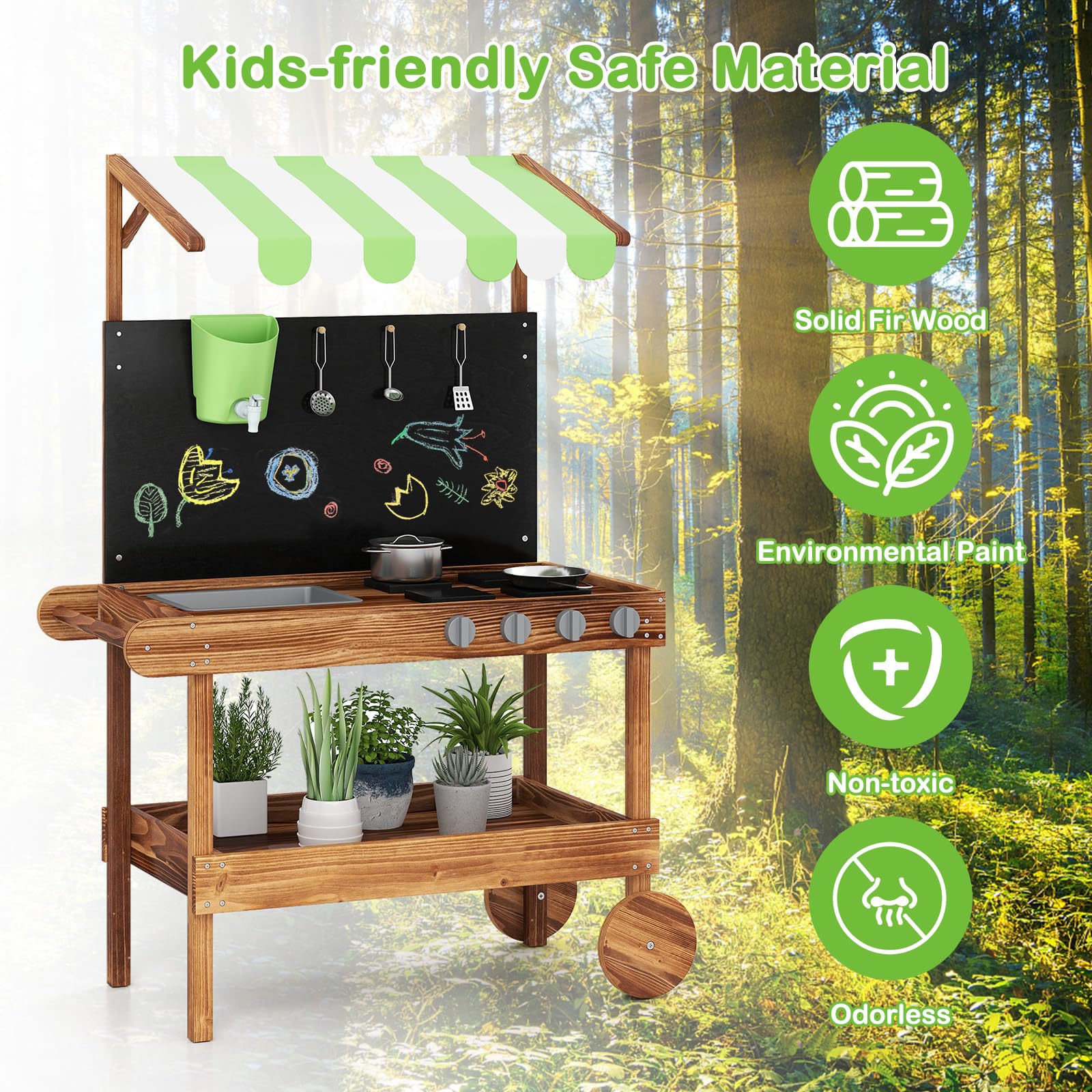 INFANS Outdoor Play Kitchen with Drawing Board Wooden Kids Kitchen Playset Gift