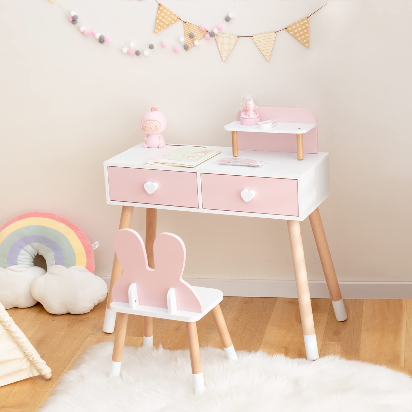 INFANS Kids Vanity Set, 2 in 1 Wooden Princess Makeup Table and Chair with Mirror INFANS