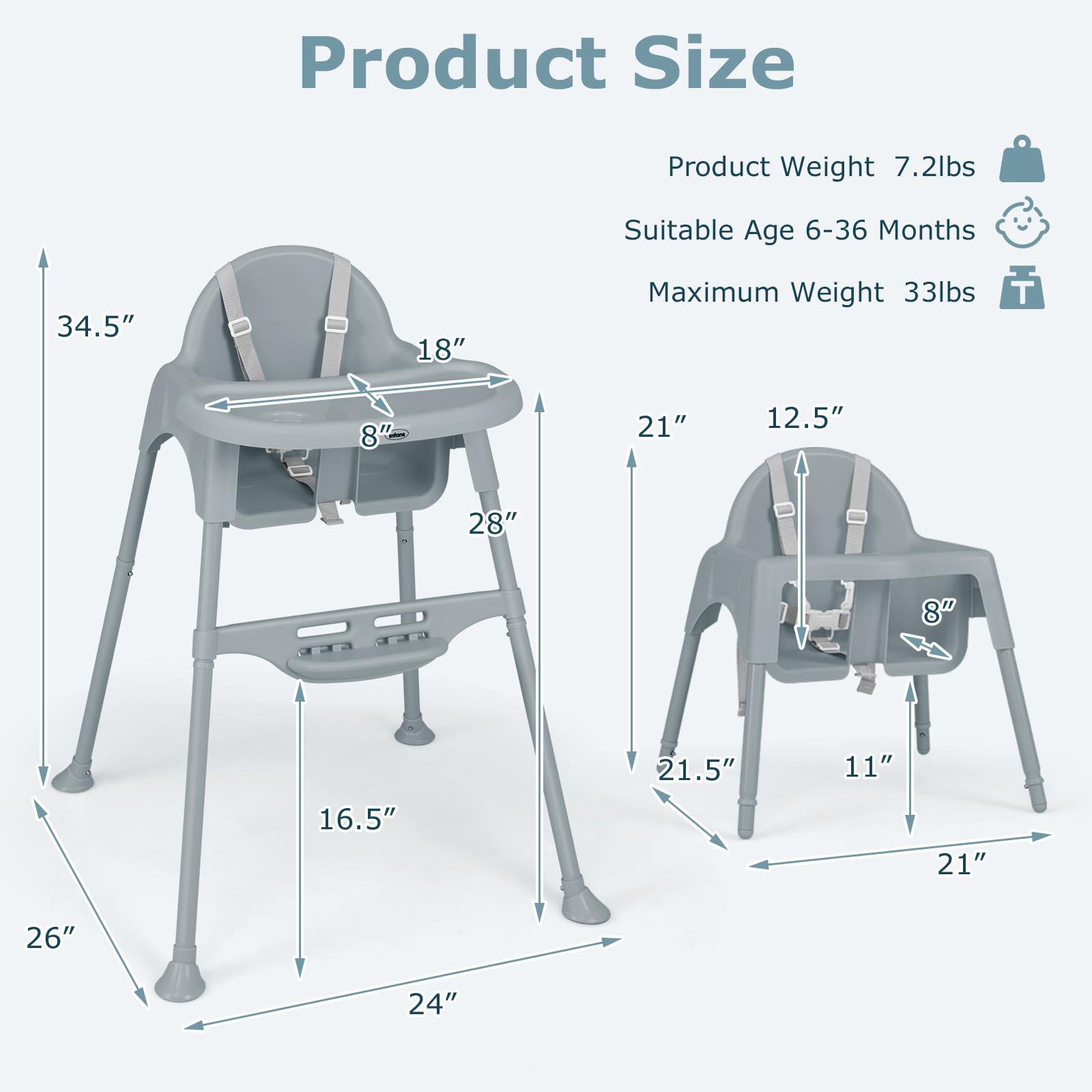 INFANS 4 in 1 Baby High Chair, Convertible Highchair for Babies and Toddlers, Infant Feeding Highchairs with Removable Tray Adjustable Footrest