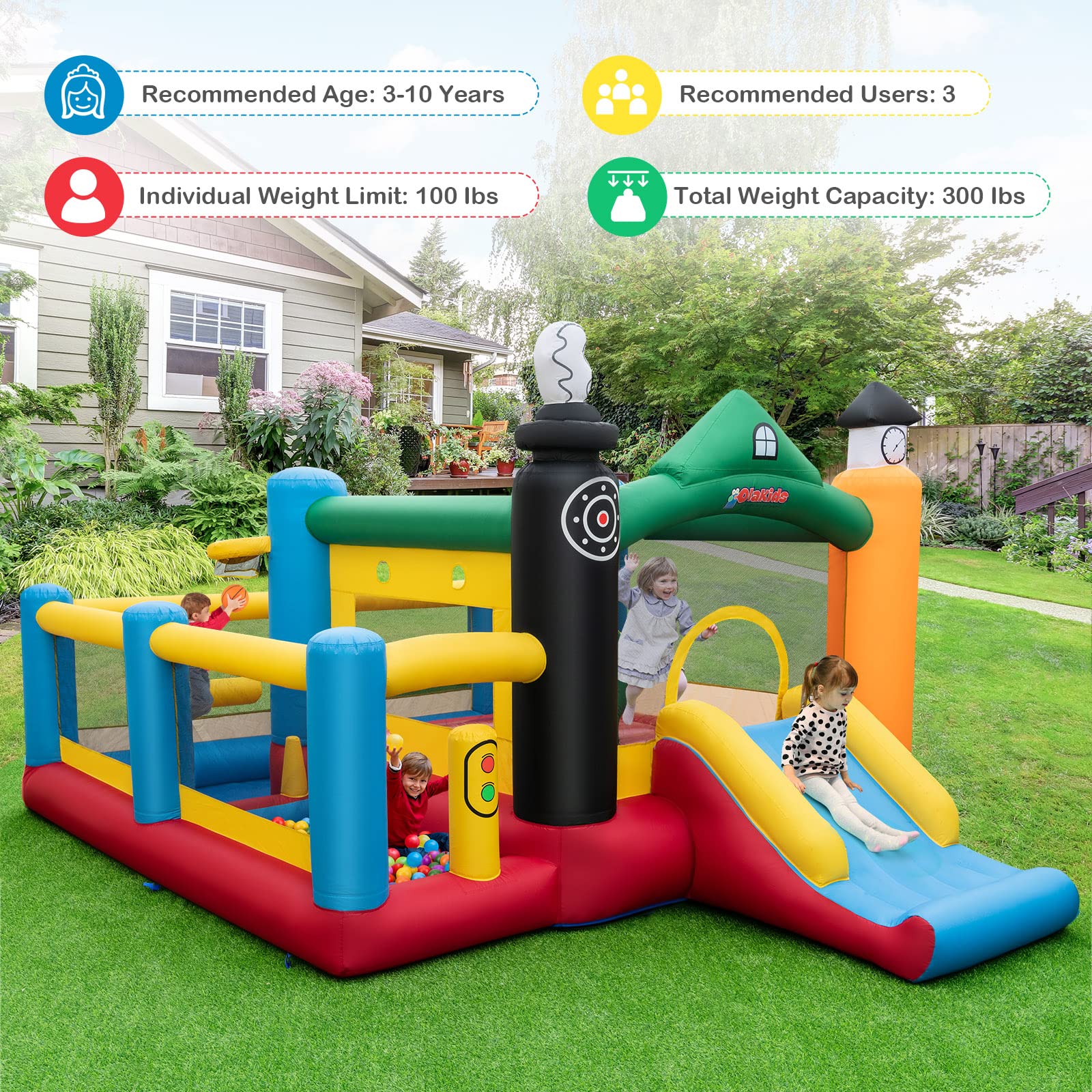 INFANS Inflatable Bounce House, Train Theme Kids Jumping Castle, Inflatable Obstacle Course with 950W Blower