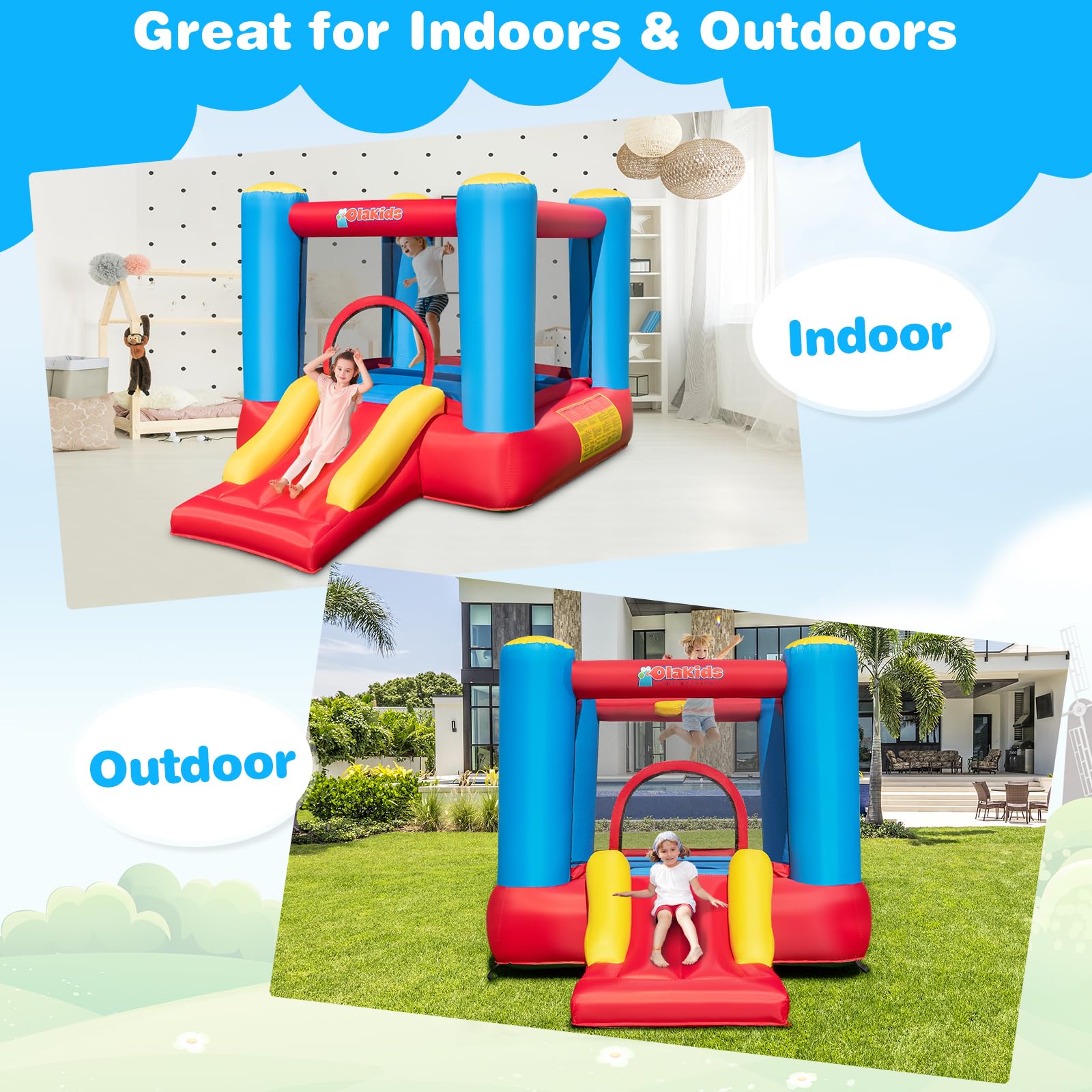 INFANS Inflatable Bounce House, 3 in 1 Kids Jumping Castle, Indoor Outdoor Inflatable Obstacle Course (with 480W Blower)