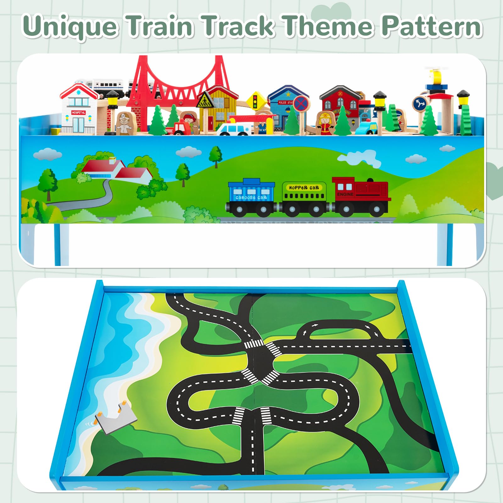 INFANS Train Table, 80 Pieces Wooden Kids Activity Toy Table Playset with Reversible Detachable Tabletop