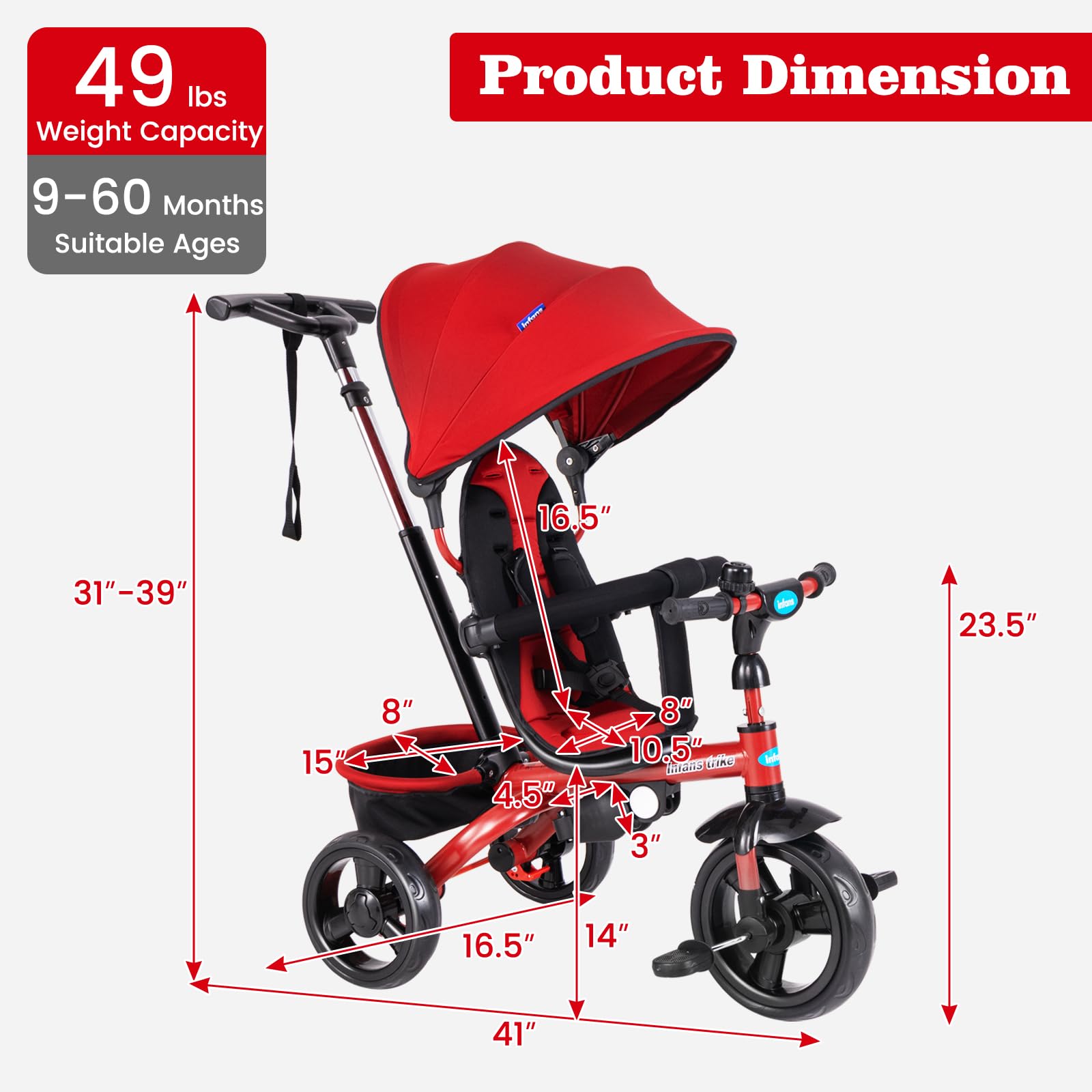 INFANS Kids Tricycle, 4 in 1 Stroll Trike with Adjustable Push Handle, Suitable for 10 Months to 5 Years