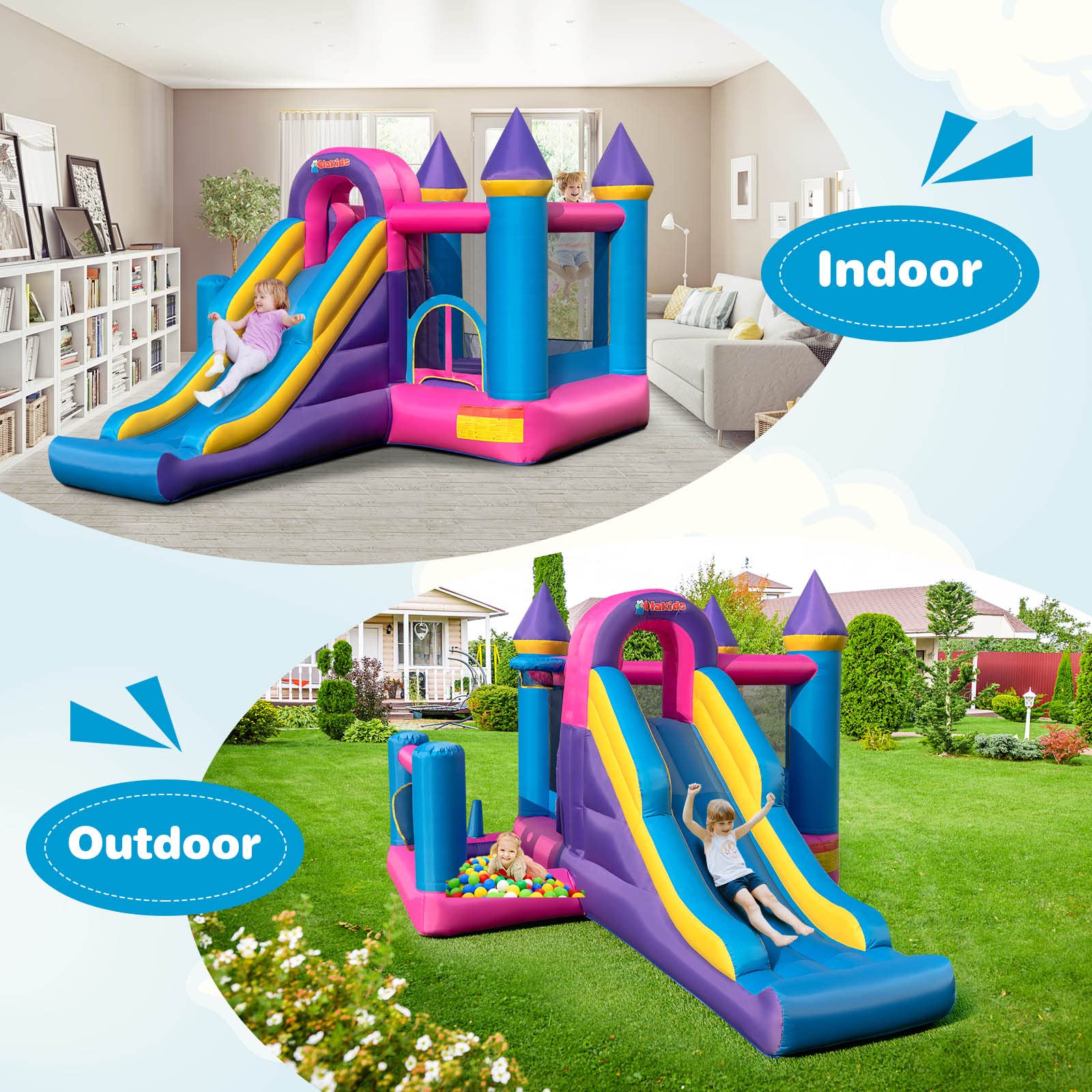 INFANS Inflatable Bounce House, Kids Pink Jumping Castle with Slide, Ball Pit, Climbing Wall, Basketball Rim