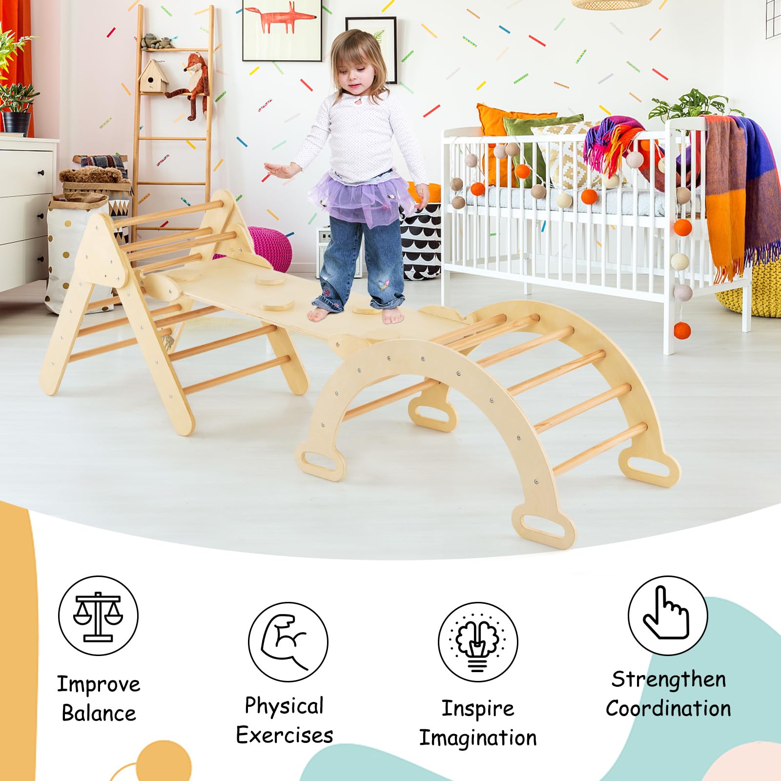 INFANS Climbing Toys for Toddlers, 5 in 1 Kids Wooden Montessori Triangle Set Climber Toy, Indoor Climb Activity