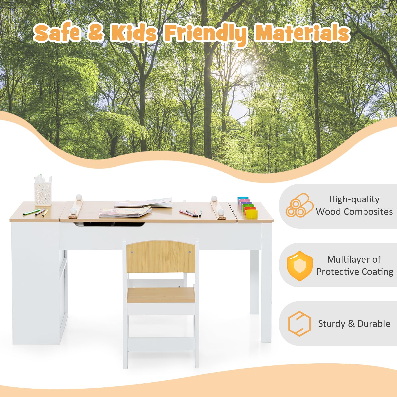 INFANS 3 in 1 Kids Art Table and Chair Set, Toddler Craft Play Wood Activity Desk with 2 Chairs Storage Canvas Bins