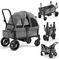 INFANS Wagon Stroller for 2 Kids, Collapsible Adjustable Push Pull Handle Bar, 2 Seater Stroller Wagon