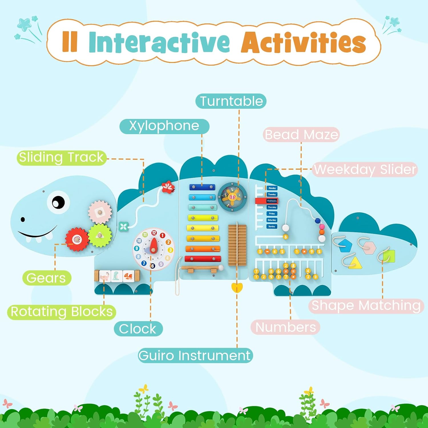 INFANS Pink Castle Sensory Wall, 11 in 1 Wooden Montessori Busy Board Panel, Toddler Wall Mounted Activity Center, Educational Toys Learning Gift for Boys Girls