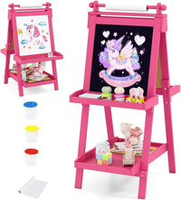 INFANS Easel for Kids, 3 in 1 Adjustable Painting Art Board, Foldable Double-Sided Wooden Drawing Chalkboard Magnetic Whiteboard with Paper Roll, Storage Rack, Cups for Boy Girls