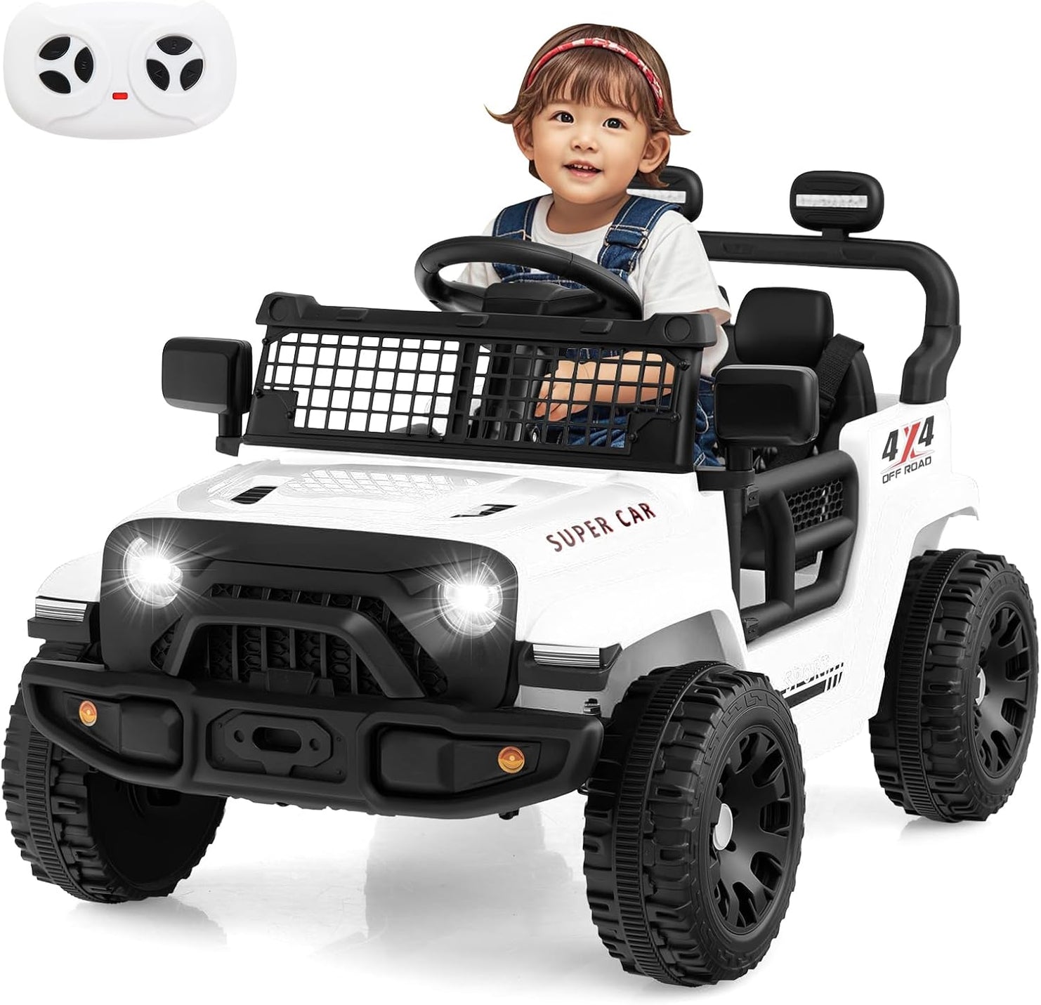 INFANS 12V Ride On Truck, Battery Powered Electric Vehicle for Kids with Remote Control, Foldable Reflective Mirror, Spring Suspension, Music, LED Lights, Ride on Toy for 3+ Boys Girls