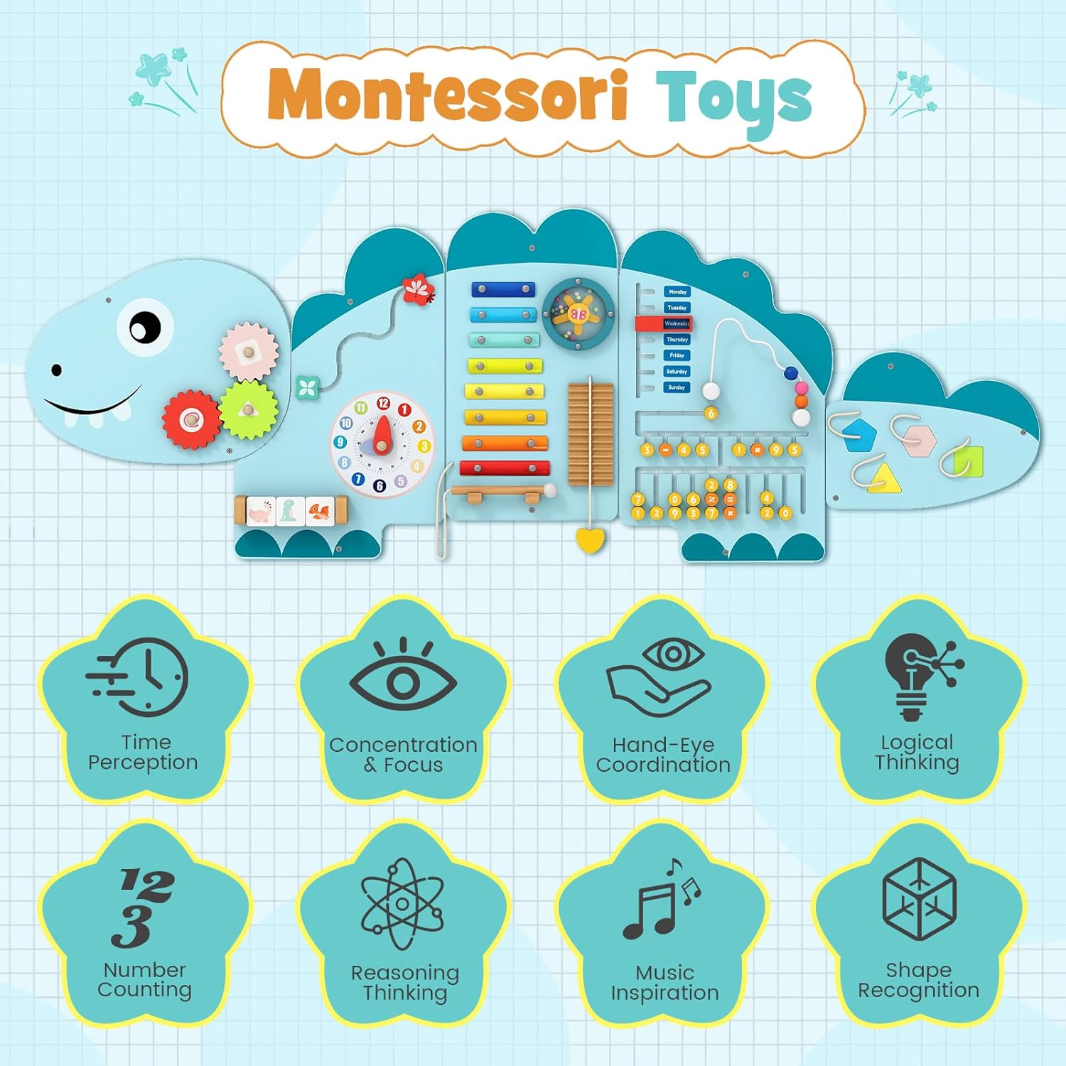 INFANS Pink Castle Sensory Wall, 11 in 1 Wooden Montessori Busy Board Panel, Toddler Wall Mounted Activity Center, Educational Toys Learning Gift for Boys Girls