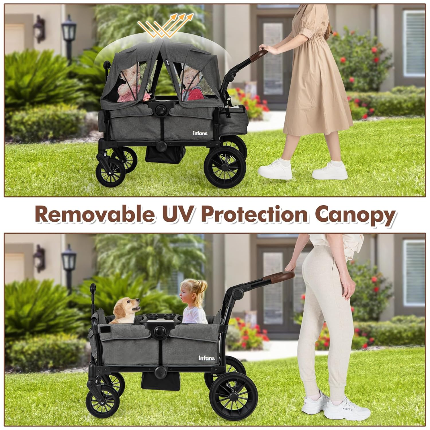 INFANS Wagon Stroller for 2 Kids, Collapsible Adjustable Push Pull Handle Bar, 2 Seater Stroller Wagon