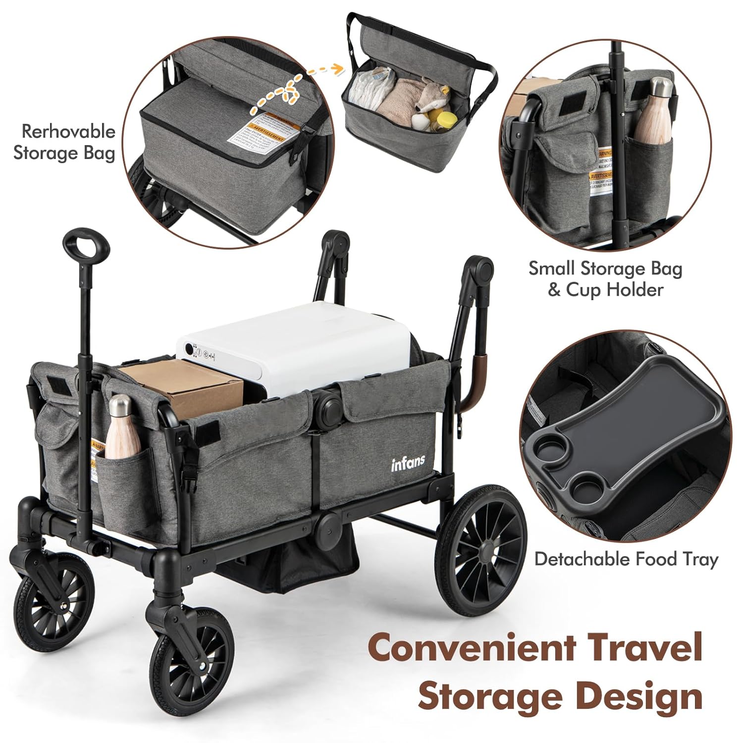 INFANS Wagon Stroller for 2 Kids, Collapsible Adjustable Push Pull Handle Bar, 2 Seater Stroller Wagon