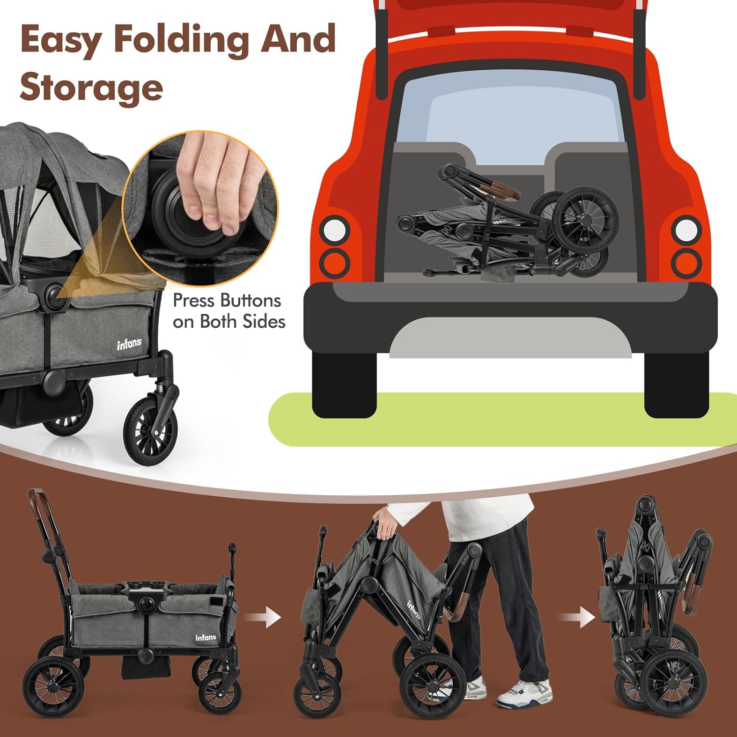INFANS Wagon Stroller for 2 Kids, Collapsible Adjustable Push Pull Handle Bar, 2 Seater Stroller Wagon
