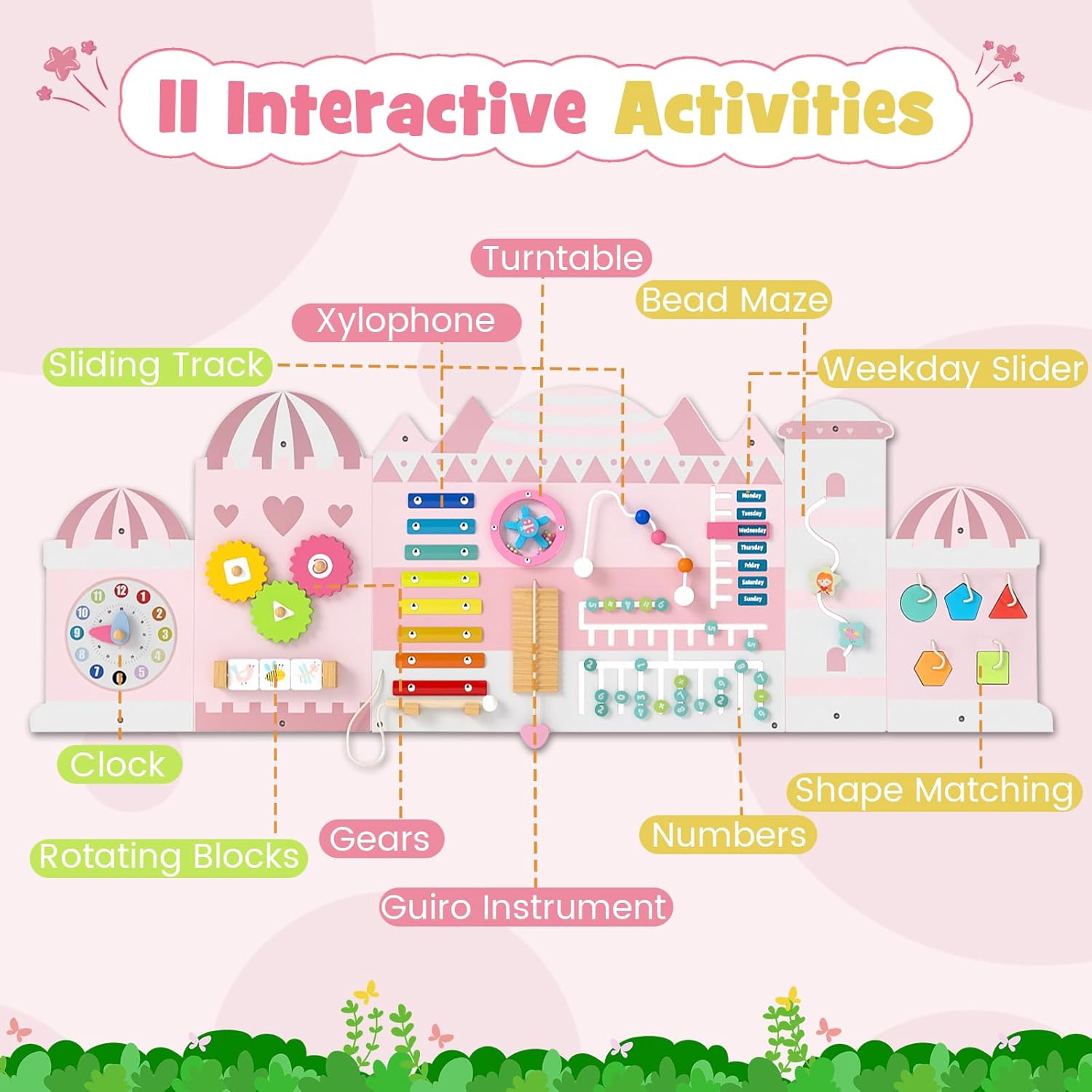 INFANS Pink Castle Sensory Wall, 11 in 1 Wooden Montessori Busy Board Panel, Toddler Wall Mounted Activity Center, Educational Toys Learning Gift for Boys Girls