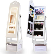 INFANS Kids Jewelry Armoire Cabinet, 360° Swivel Lockable Standing Makeup Organizer with Interior Lights, Rotatable Full-Length LED Vanity Mirror with Foldable Fabric Drawer for Girls