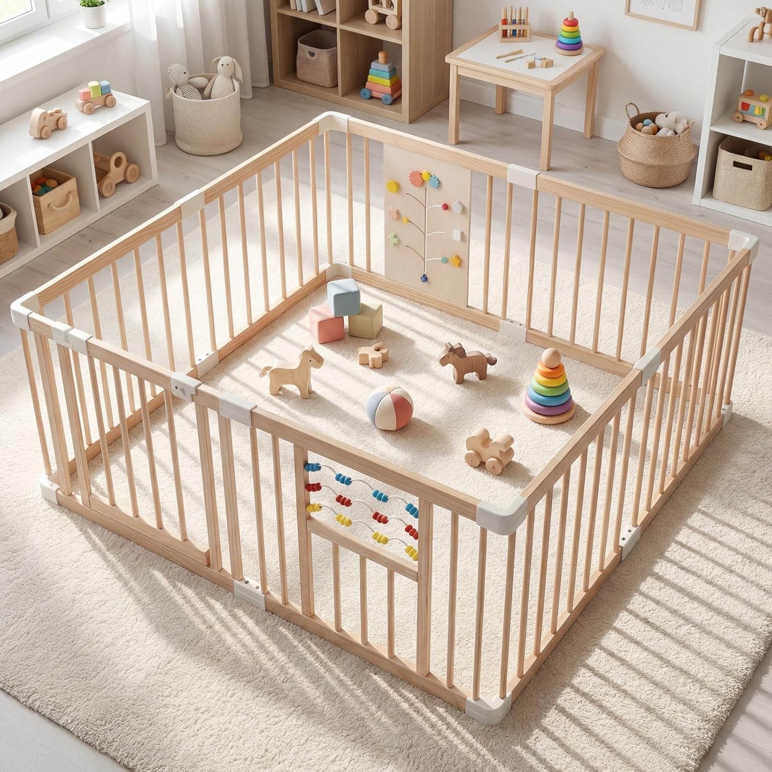 INFANS Wooden Baby Playpen with Adjustable Size & Shape, 8 Panels, Child Proof Lock, Easy to Assemble, 63" x 63" Portable Play Yard
