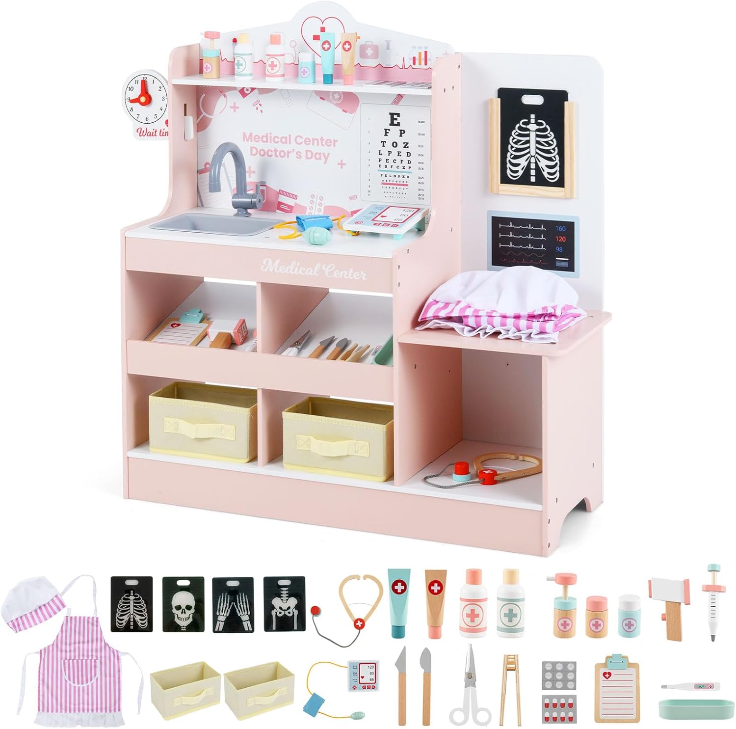 INFANS Kids Doctor Playset, Wooden Pretend Medical Station Activity Center Toy Set with 26 Interactive Veterinarian Accessories, Nurse Uniform X-Ray Film Stethoscope ECG Monitor for Toddler