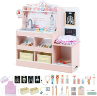 INFANS Kids Doctor Playset, Wooden Pretend Medical Station Activity Center Toy Set with 26 Interactive Veterinarian Accessories, Nurse Uniform X-Ray Film Stethoscope ECG Monitor for Toddler