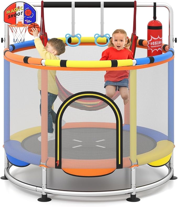 INFANS Trampoline for Kids, Indoor Outdoor Adjustable Toddler Trampoline with Safety Enclosure Net