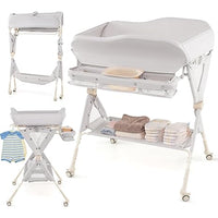 INFANS Baby Changing Table with Wheels, Portable Folding Diaper Station Nursery Organizer with Safety Belt