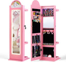 INFANS Kids Jewelry Armoire Cabinet, 360° Swivel Lockable Standing Makeup Organizer with Interior Lights, Rotatable Full-Length LED Vanity Mirror with Foldable Fabric Drawer for Girls