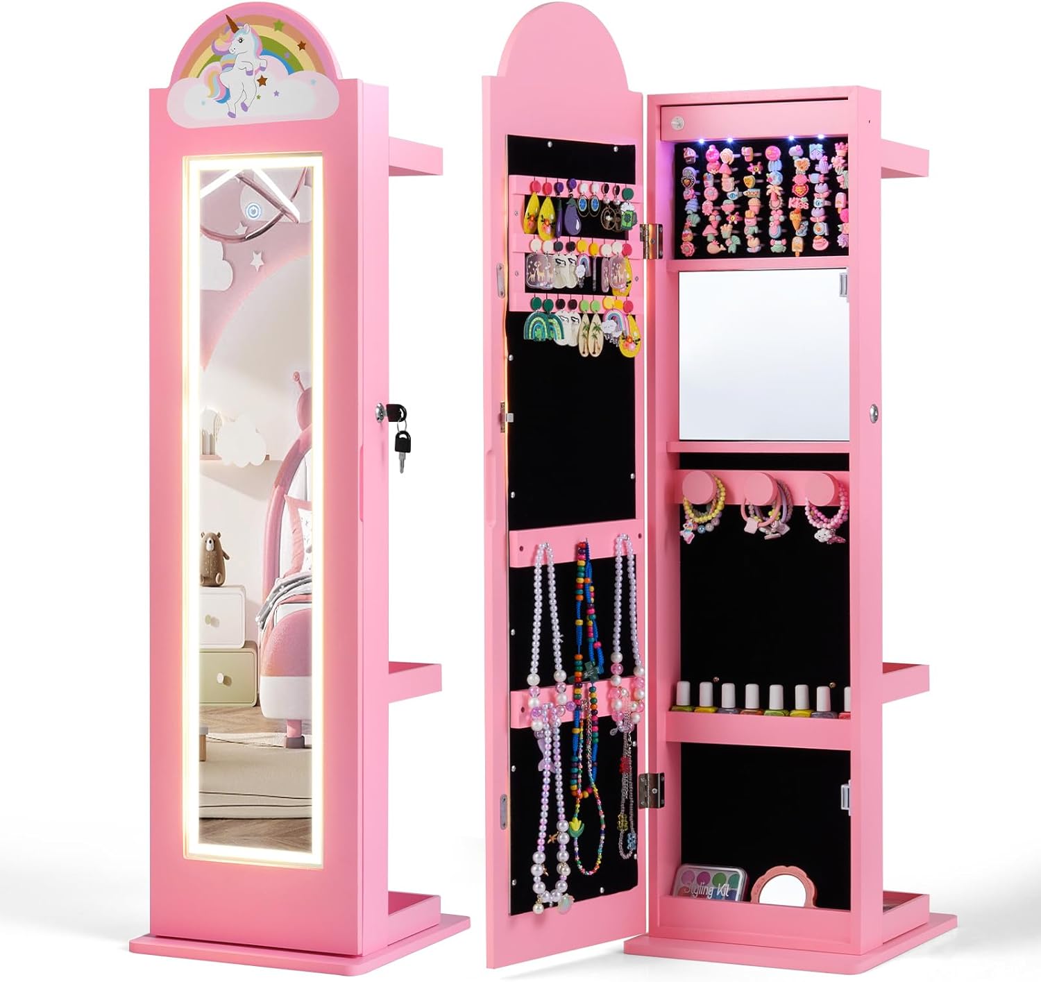 INFANS Kids Jewelry Armoire Cabinet, 360° Swivel Lockable Standing Makeup Organizer with Interior Lights, Rotatable Full-Length LED Vanity Mirror with Foldable Fabric Drawer for Girls
