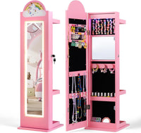 INFANS Kids Jewelry Armoire Cabinet, 360° Swivel Lockable Standing Makeup Organizer with Interior Lights, Rotatable Full-Length LED Vanity Mirror with Foldable Fabric Drawer for Girls