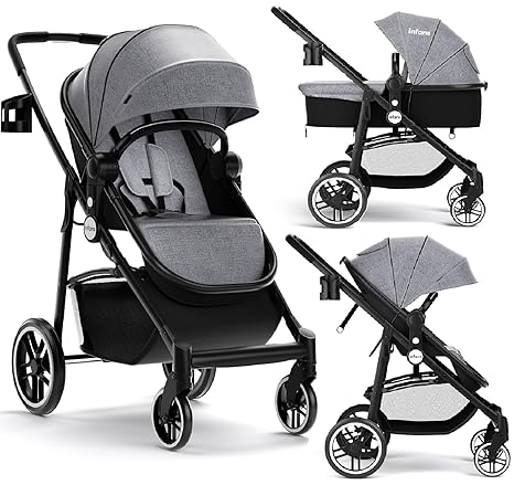 INFANS 2 in 1 Baby Stroller, High Landscape Infant Stroller & Reversible Bassinet Pram, Foldable Pushchair with Adjustable Canopy
