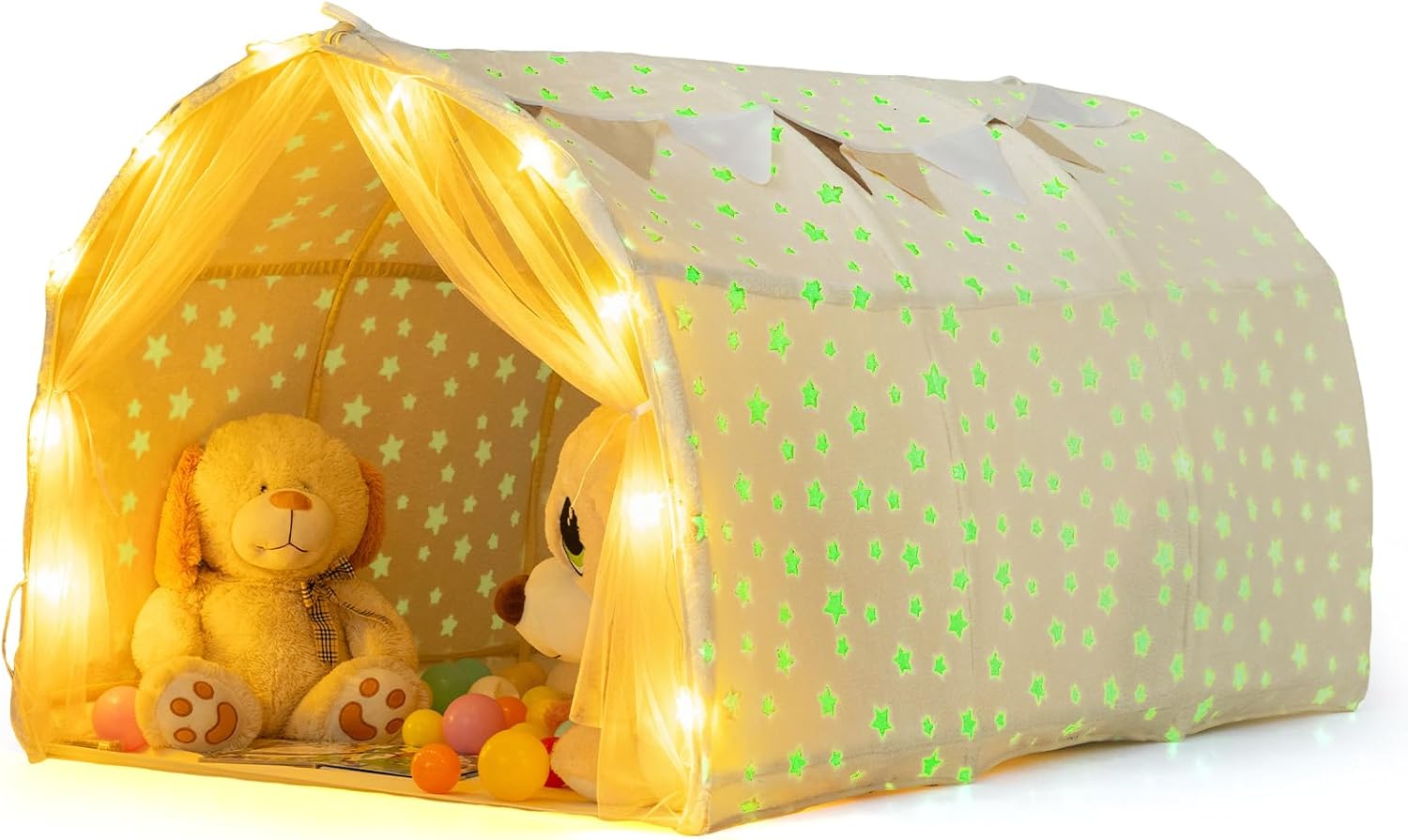INFANS Kids Bed Tent with Glow in The Dark, Portable Children Playhouse Privacy Space Twin with Mat Star Light Double Net Curtain, Indoor Outdoor Princess Tents Castle for Boys Girls