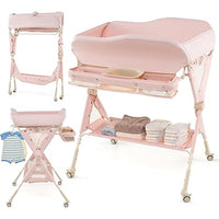 INFANS Baby Changing Table with Wheels, Portable Folding Diaper Station Nursery Organizer with Safety Belt