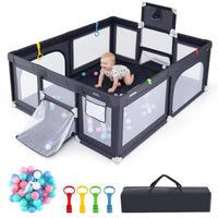 INFANS 74" x 62" Baby Playpen with Soft Mat, Basketball Hoop, 2 Soccer Goals, 4 Handles & 50 Ocean Balls