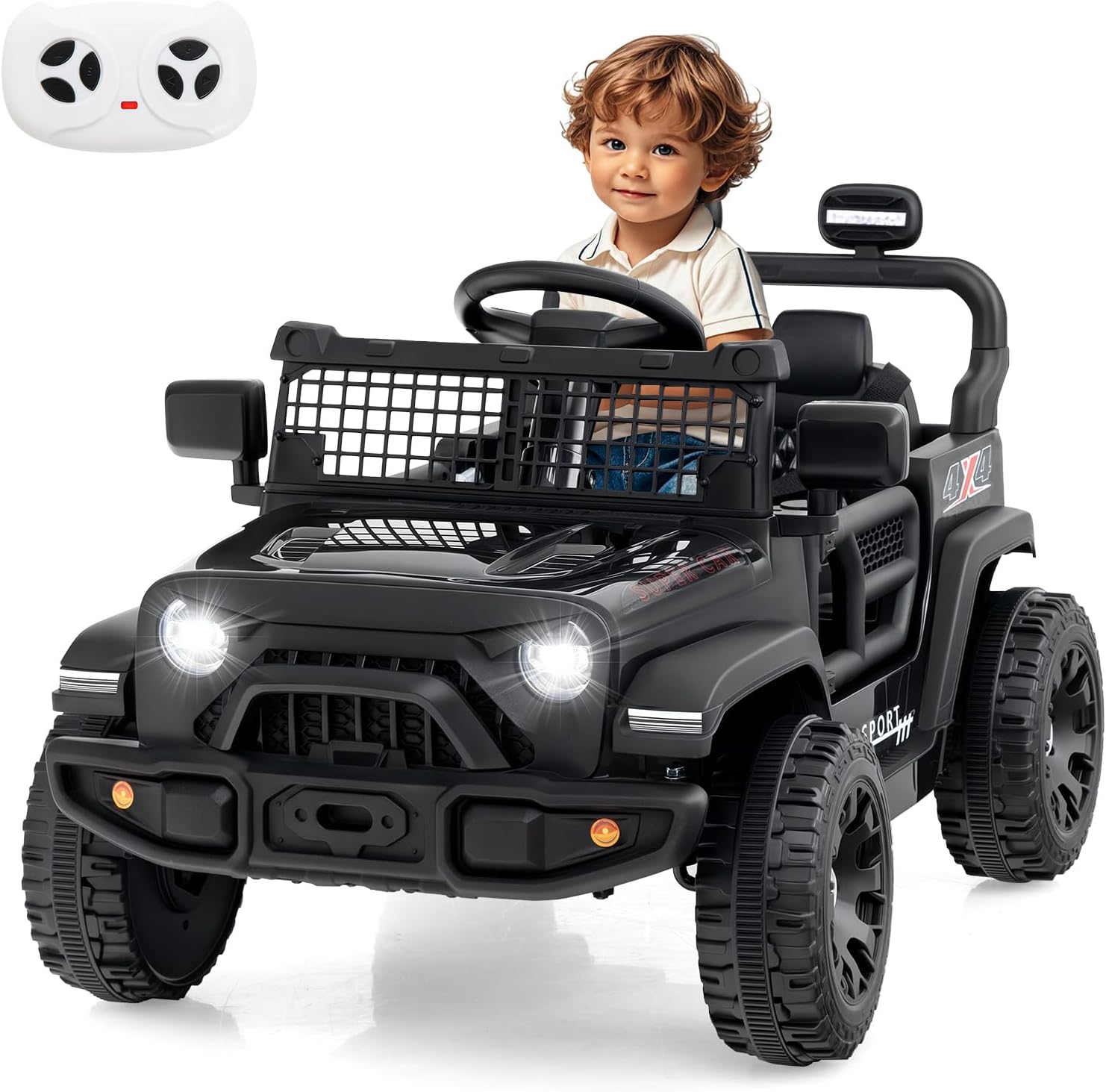 INFANS 12V Ride On Truck, Battery Powered Electric Vehicle for Kids with Remote Control, Foldable Reflective Mirror, Spring Suspension, Music, LED Lights, Ride on Toy for 3+ Boys Girls