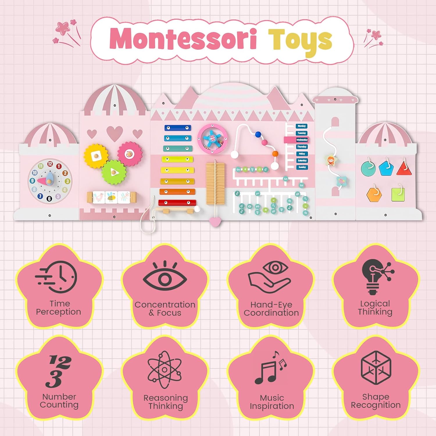 INFANS Pink Castle Sensory Wall, 11 in 1 Wooden Montessori Busy Board Panel, Toddler Wall Mounted Activity Center, Educational Toys Learning Gift for Boys Girls