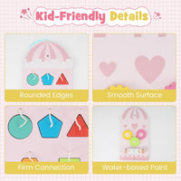 INFANS Pink Castle Sensory Wall, 11 in 1 Wooden Montessori Busy Board Panel, Toddler Wall Mounted Activity Center, Educational Toys Learning Gift for Boys Girls