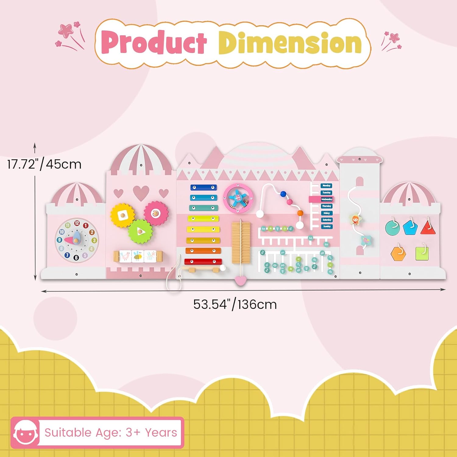 INFANS Pink Castle Sensory Wall, 11 in 1 Wooden Montessori Busy Board Panel, Toddler Wall Mounted Activity Center, Educational Toys Learning Gift for Boys Girls