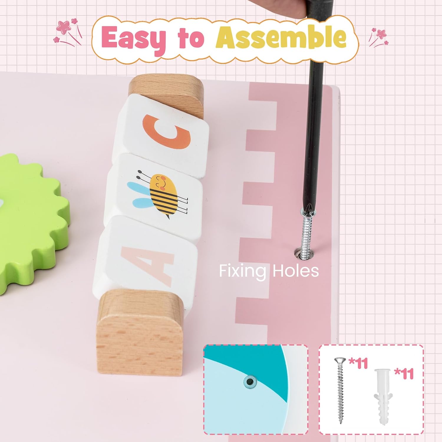 INFANS Pink Castle Sensory Wall, 11 in 1 Wooden Montessori Busy Board Panel, Toddler Wall Mounted Activity Center, Educational Toys Learning Gift for Boys Girls